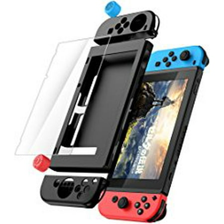 - ELV Soft Anti-slip Silicone Protective Case and Joy-Con Gel Guards Thumb Grips 2017 for Nintendo Switch (2017) with screen protector.