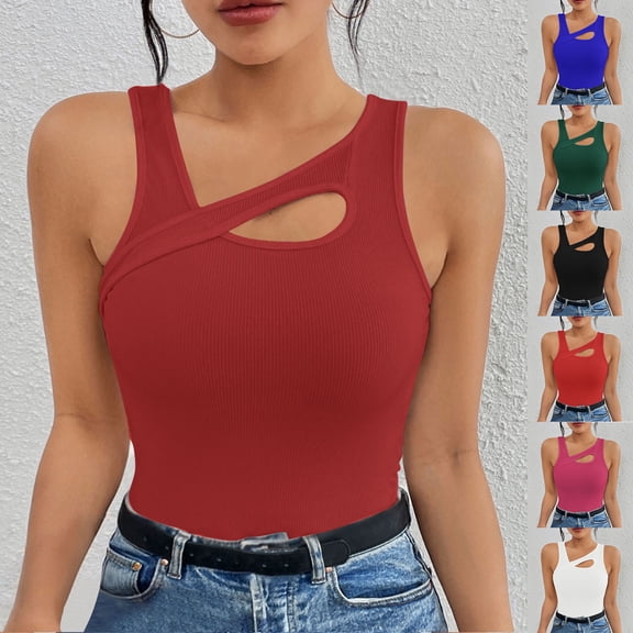 Naittoop Womens Cut Out Front Asymmetrical Neck Rib Knit Sleeveless Tank Top Slim Fitted Y2K Sexy Basic Tee Shirt