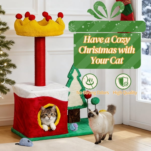 29.5in Christmas-Themed Plush Cat Tree - Compact 5-in-1 Design, for Small Spaces & Indoor Cats