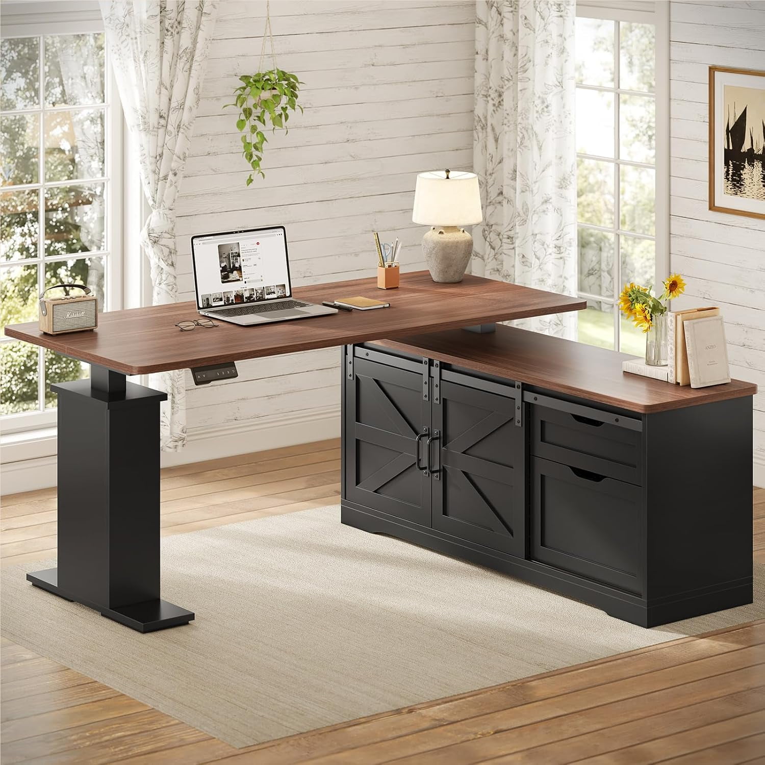 SEDETA Farmhouse Executive Desk, Electric Standing Desk, 28.7-46.8 Inch High Freely Adjustable Lift Desk, L Shaped Desk with Storage & Power Outlets, Office Desk with Drawers & Sliding Doors, Black
