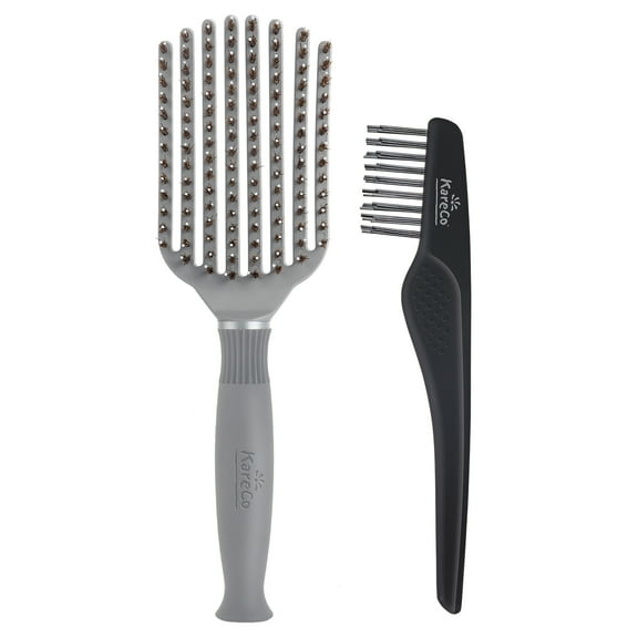 KareCo Tangle Buster Hair Brush Salon Professional Flexible Paddle, Mixed Bristles Brushes STYLE & CLEAN BRUSH PACK