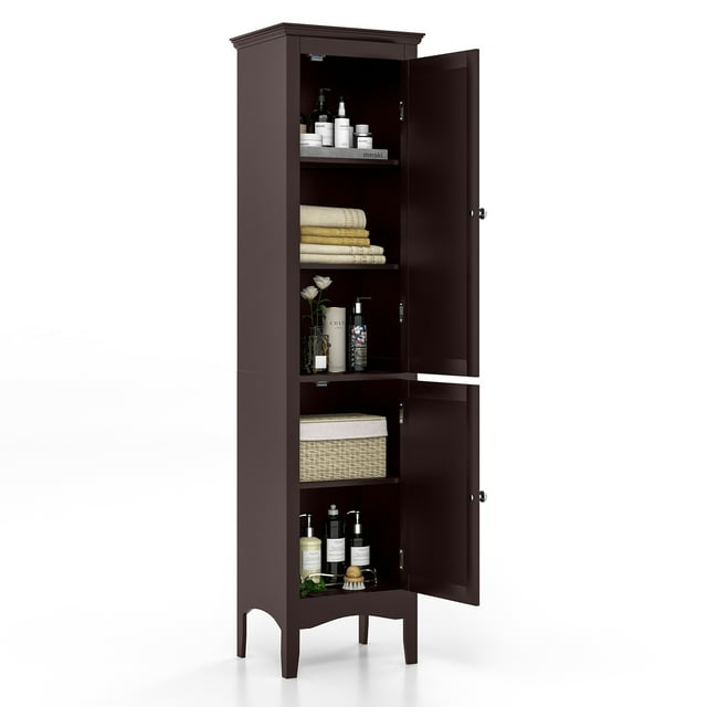 Patiojoy Freestanding Bathroom Storage Cabinet Tall Narrow Storage Cabinet with 1 Adjustable Shelf 1 Drawer and 2 Doors Coffee