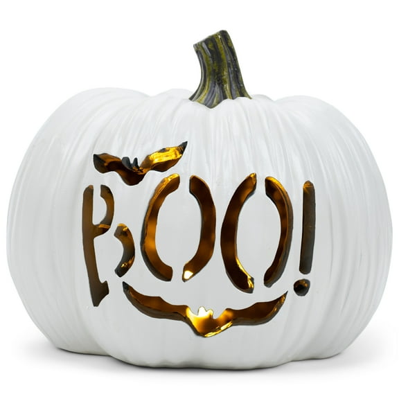 Elanze Designs Boo Bat White 8 inch Resin Stone Light Up Halloween Pumpkin