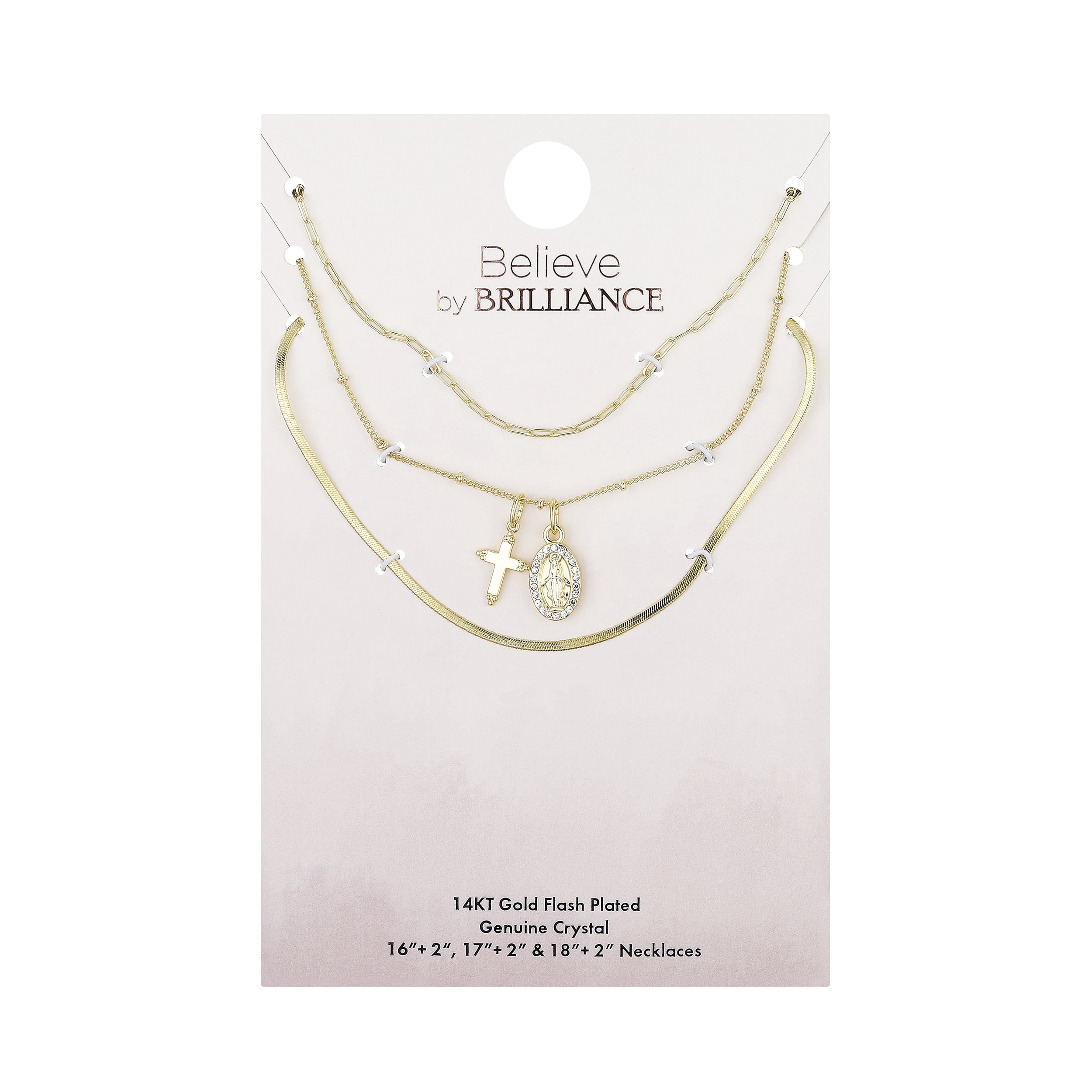 Believe by Brilliance Women's 14Kt Gold Flash-Plated Genuine Crystal Cross and Virgin Mary Layered Pendant Necklaces, 16+2", 17+2", 18+2" Extender