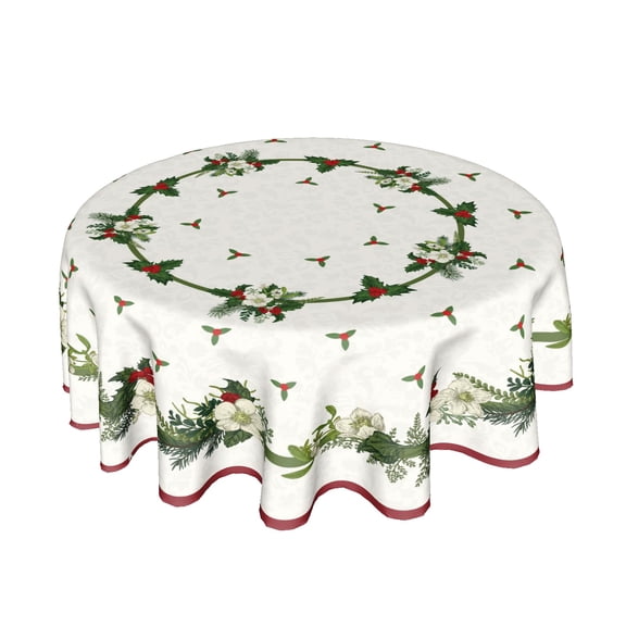 Verolix Round Holiday Tablecloth 60 Inch, Green Floral Wreath Table Cover, Washable Polyester Round Table Cloth for Dining Table, Winter Seasonal Kitchen Party Decoration