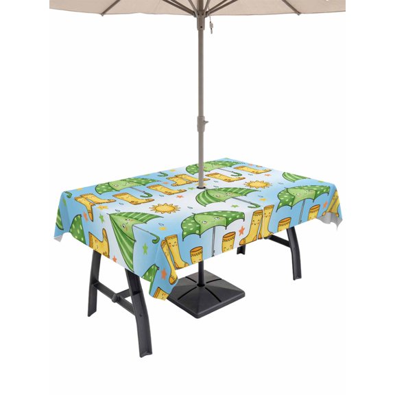 Outdoor Tablecloth with Umbrella Hole for Patio/Picnic/Party/Camping, Cute Green Umbrella Waterproof Table Cloth Rectangle Table Cover Washable, Cartoon Rain Boots Blue Ombre (52"x 70")