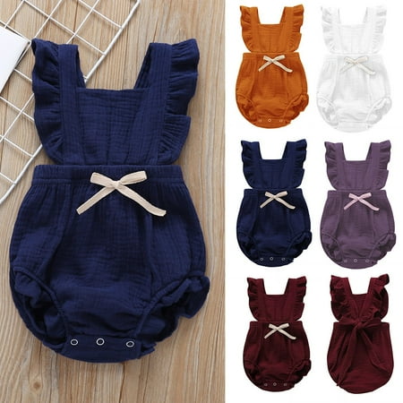 

Toddler Baby Sleeveless Color Solid Ruffles Romper Newborn Bow Jumpsuit Clothes CHMORA