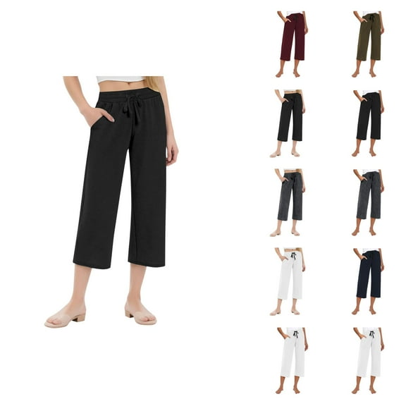 Capri Pants for Women 2025 Casual Loose Elastic Waist Straight Leg Wide Leg Capris with Pockets Womens Cropped Pants