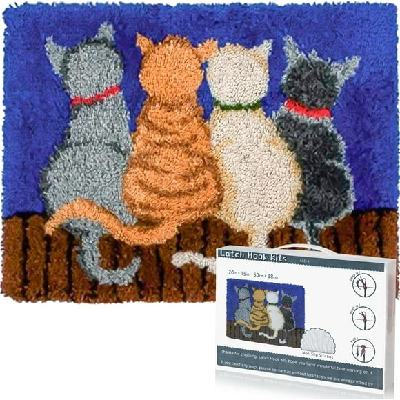 shiyou-Latch Hook Rug Kit DIY Crochet Carpet for Adults Kids Beginners, Cats Patterns Pre-Printed Canvas Yarn Rug Hooking Kits, Creative Craft Home Decor Ideal for Learning Rug Making, Blue