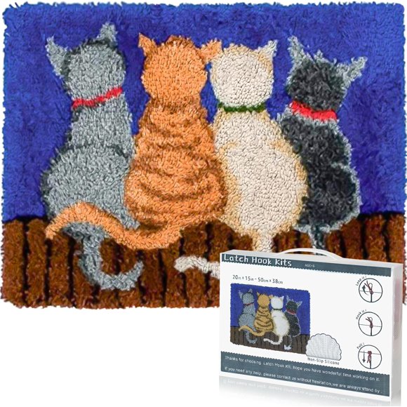 shiyou-Latch Hook Rug Kit DIY Crochet Carpet for Adults Kids Beginners, Cats Patterns Pre-Printed Canvas Yarn Rug Hooking Kits, Creative Craft Home Decor Ideal for Learning Rug Making, Blue