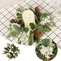 Winter Candle Rings Wreath, Christmas Artificial Pine Cone and White Berry Candle Holder, Frosted Greenery Xmas Candlestick Ring for Holiday Table Decor, Party Wedding Centerpieces