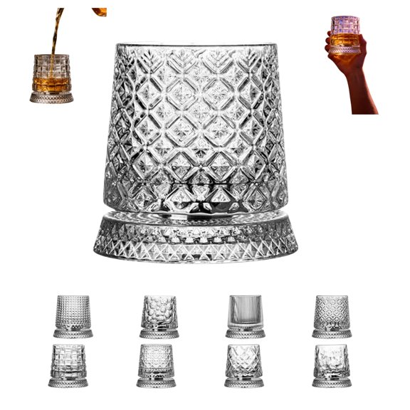 Spinning Whiskey Glasses, 360° Rotating Old Fashioned Crystal Tumbler with 280ml Relief Base for Bourbon, Scotch, Rum