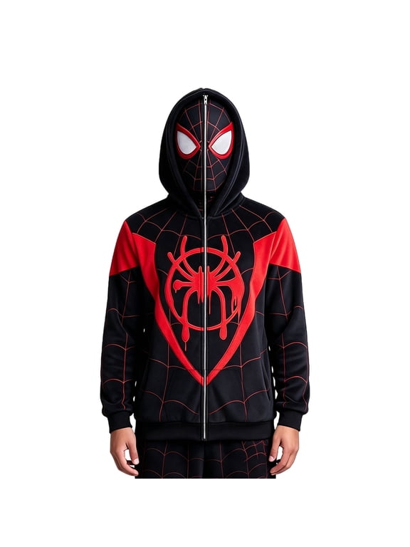 Unisex Spider Superhero Zip Up Hoodie, Full Mask Plush Fleece Halloween Cosplay Sweatshirt Jacket with Pockets, Wine, L