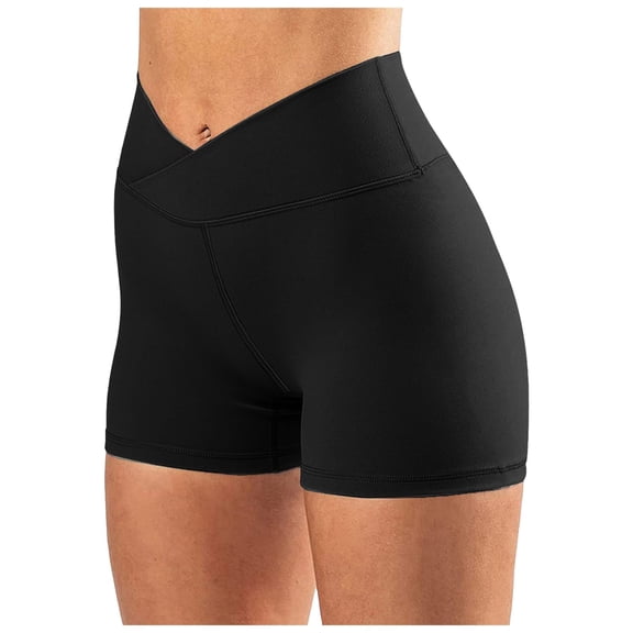 idosla Crossover Biker Shorts for Women, No Front Seam V High Waist Yoga Workout Gym Shorts with Tummy Control (Black, S)