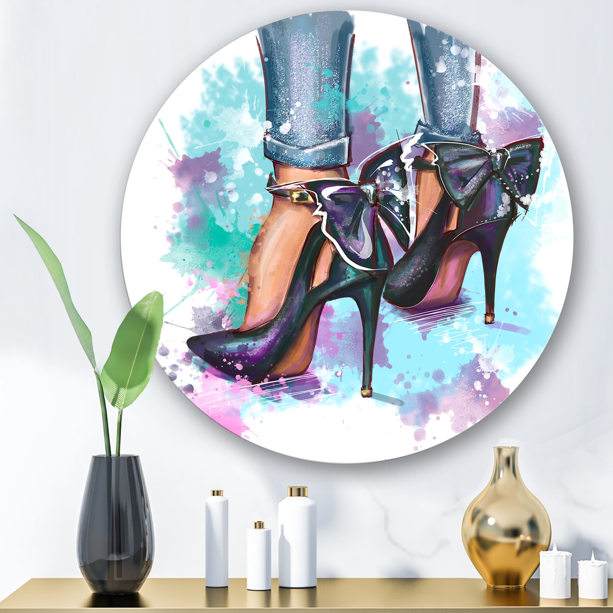 Designart 'Bright Colorful Trendy Woman Fashion Shoes' Modern Circle Metal Wall Art 23x23 - Disc of 23