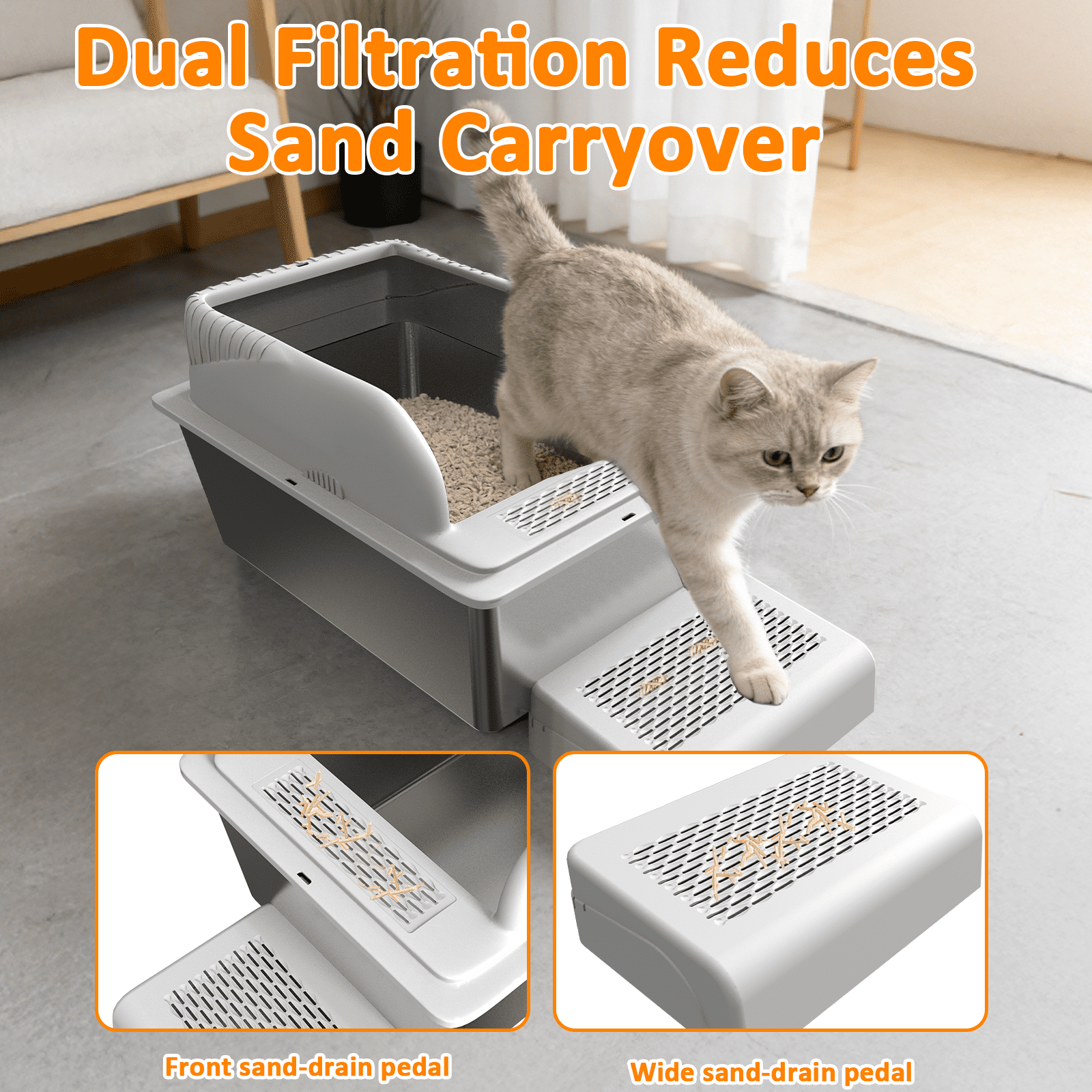 Stainless Steel Cat Litter Box with High Side, Extra Large Litter Box with Lid for Big Cats, Non-Stick Litter Pan with Scoop and Footboard, XL, Gray