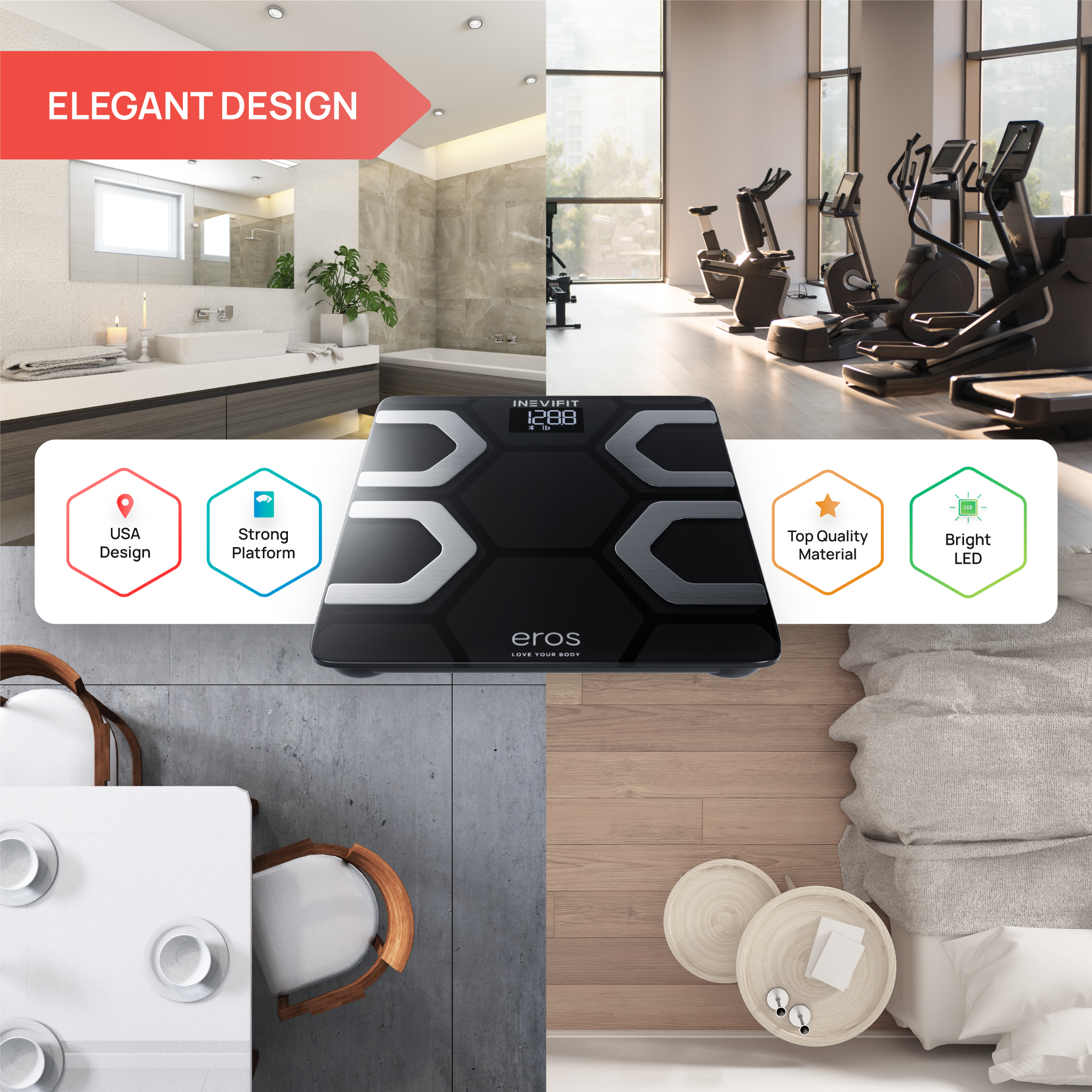 Eros Bluetooth Smart Body Fat Scale with Free Tracking Eros Scale APP - Black
