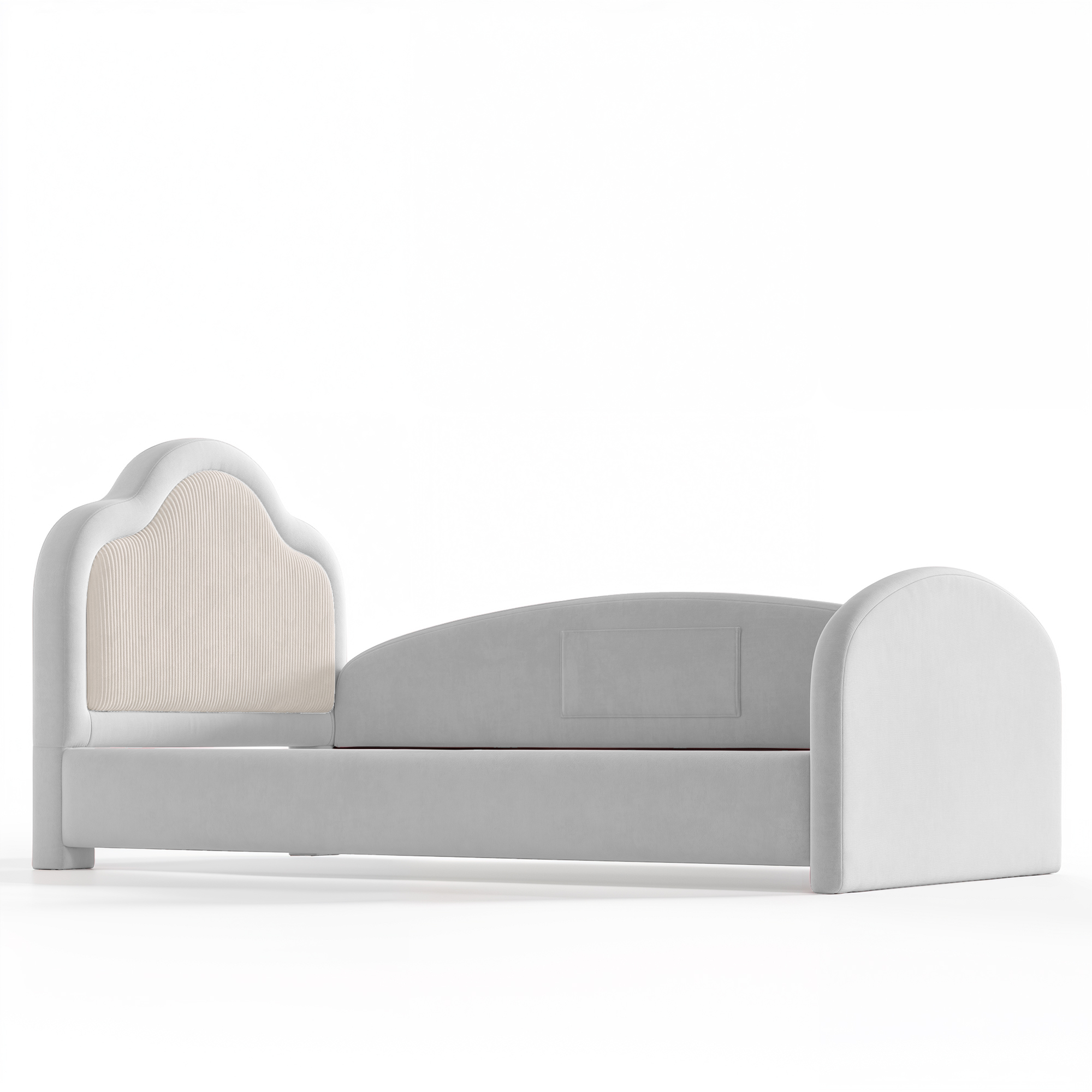 HOQBN Twin Size Curved Headboard Upholstered Floor Bed, Upholstered Kids Bed Frame with Safety Side Rails and Storage Pocket, Low Floor Playhouse Bed for Kids Bedroom,Light Gray