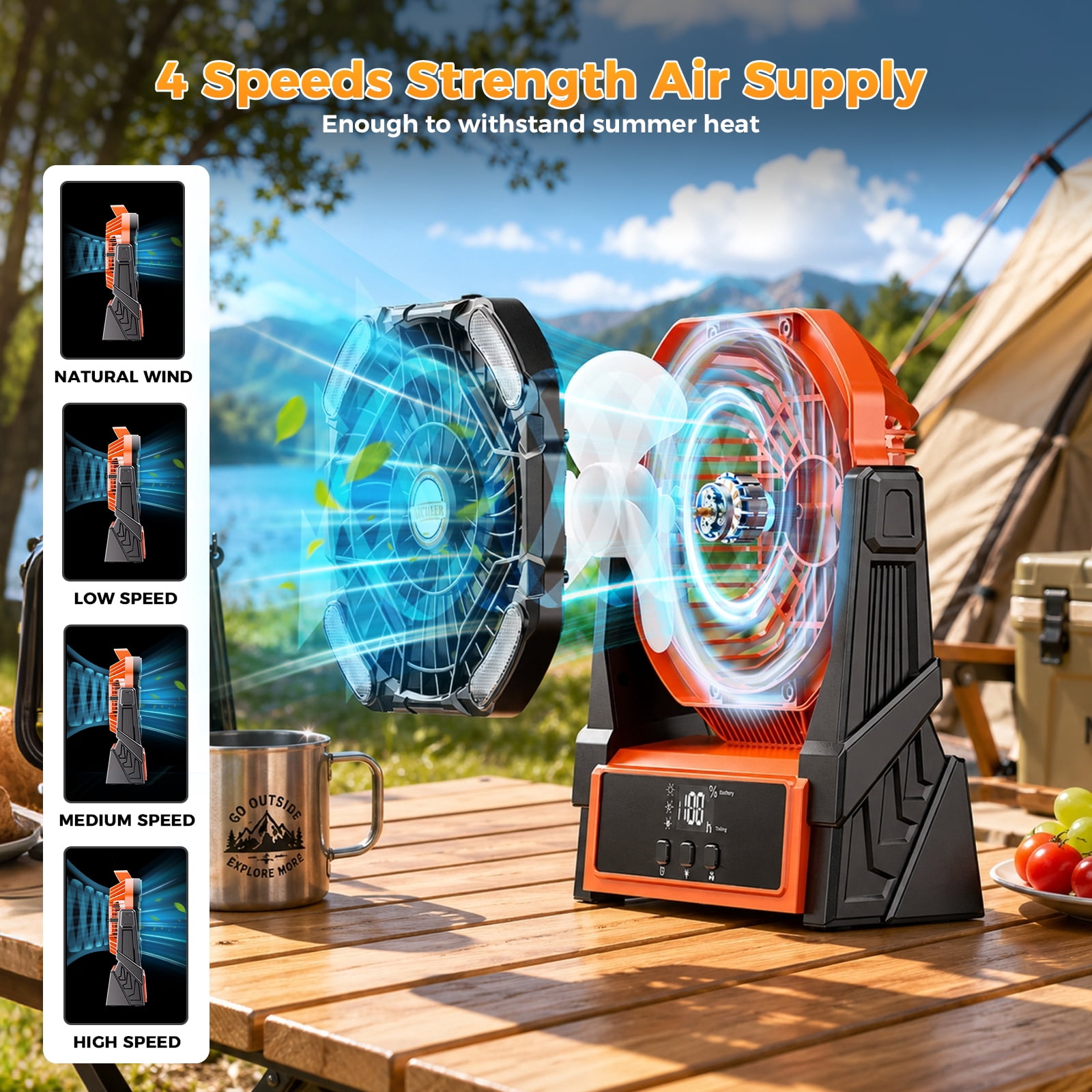 Camping Fan Portable with 4 Lights, 11000mAh Rechargeable Battery Operated Fans, Outdoor Beach Tent Fan, 4 Speed, 4 Timer, Adjustable Rotation for Picnic, BBQ, Fishing,Travel