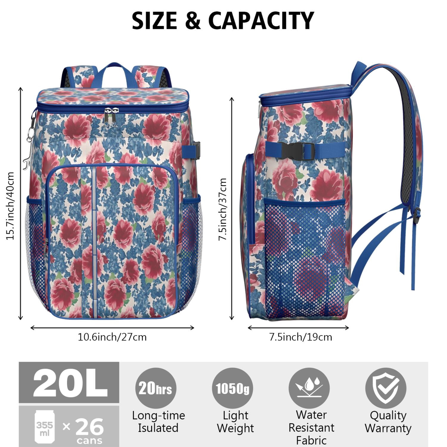 Travel Cooler Bag - Pioneer Flower Floral Print Pattern Camping Beer Cooler Backpack with Bottle Opener- Waterproof Insulated Picnic Backpacks - Cooler Bag for Beach