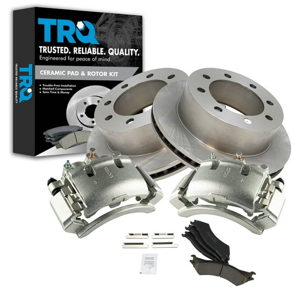 TRQ Rear Brake Pad & Rotor Kit Brake Caliper Brake Pads Brake Rotor Ceramic Vented Fits Select 2003-2007 Ford E-250 1999-2002 E-250 Econoline