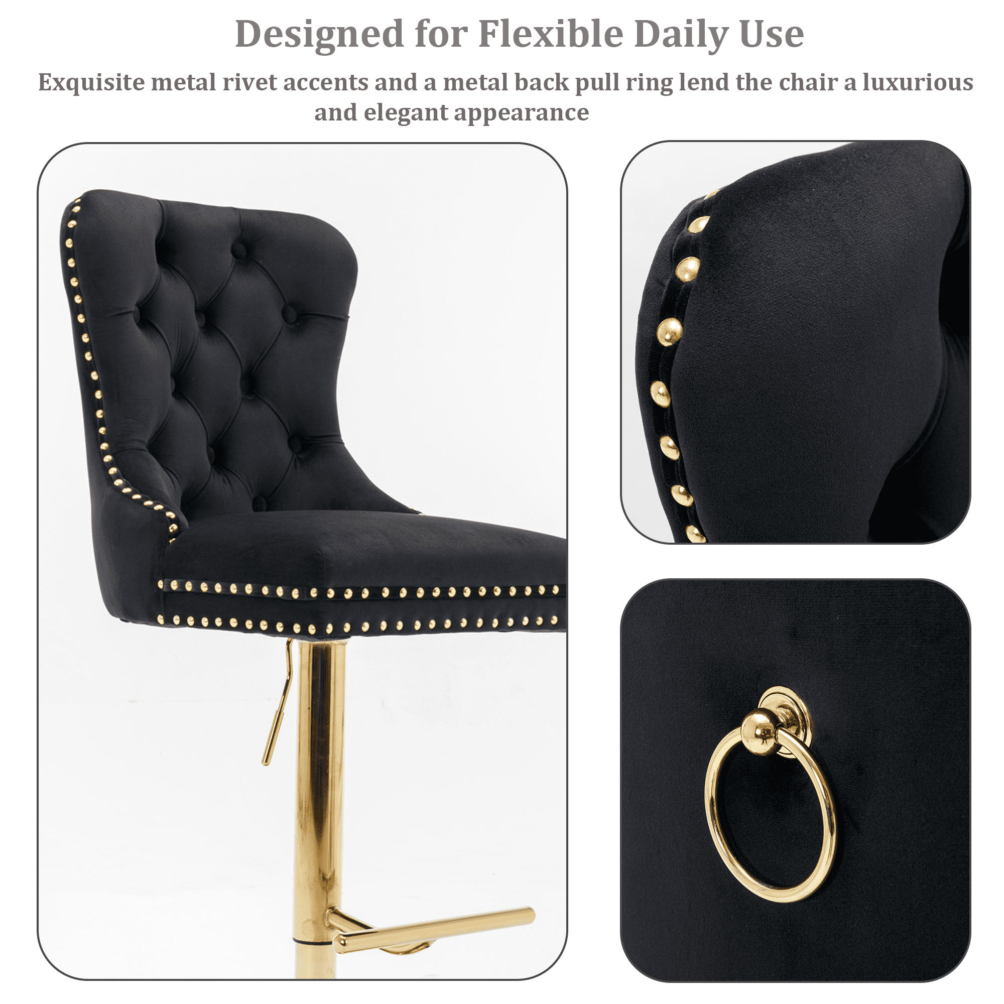 4-Piece Velvet Swivel Bar Stools, Adjustable Counter Height Dining Bar Chairs with Tufted Backrest and Nailhead Trim for Kitchen Island （Black with Gold Leg）