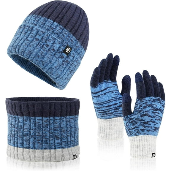 Mens Womens Winter Beanie Hat Scarf Gloves Set, Touchscreen Gloves Neck Warmer Scarf Fleece Lined Knit Skull Caps Winter Gift
