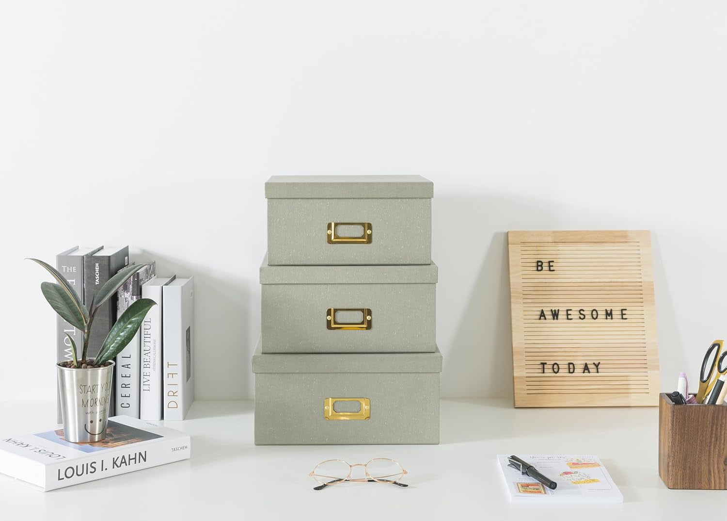 Square Stacking Boxes with Lids and Gold Label Holders, Decorative Photo Storage, Nesting Cardboard Set for Decor and Organizing