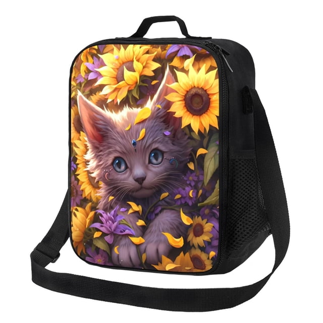 Balery Sunshine Cute Cat Sunflower Caja de Almuerzo y Bolsa de Almuerzo para Hombres y Mujeres, Bolsa de Almuerzo Reutilizable con Gran Capacidad, Bolsa de Almuerzo Aislada
