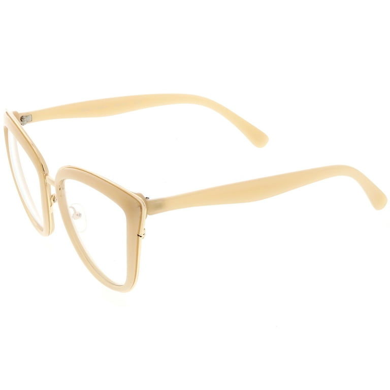 Oversize Rimmed Metal Cat Eye Glasses Clear Lens 55mm Creme Gold Clear