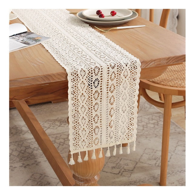 Camino de mesa, camino de mesa vintage beige para mesa de comedor, decoración de cocina (24 x 140 cm, 1 unidad)