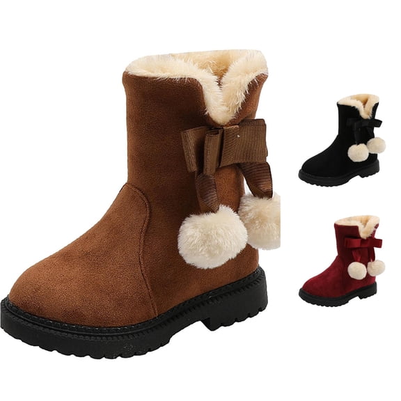 Krdevn Girls Mid‑Calf Snow Boots, Bow & Pom‑pom Decor, Faux Suede Upper, Side Zipper, Plush Lined Warm Non‑Slip Winter Boots,Brown