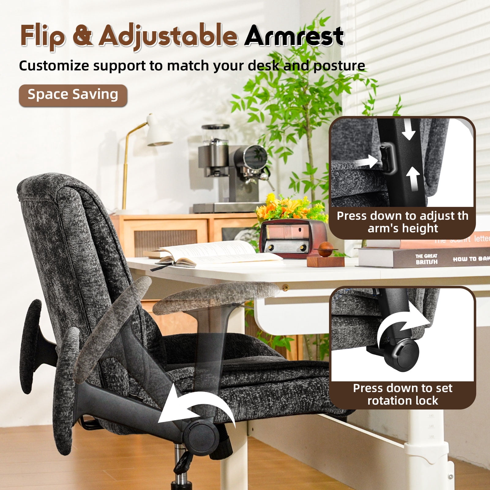 zzw Chenille Home Office Criss Cross Chair with Flip Arms, Lumbar Support and Wheels, Black