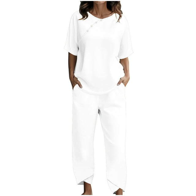 Yuyuzo Ensembles Détente pour Femmes, Hauts à Col Rond à Boutons, Pantalons Amples avec Poches, Ensemble Assorti d'Été 2 Pcs
