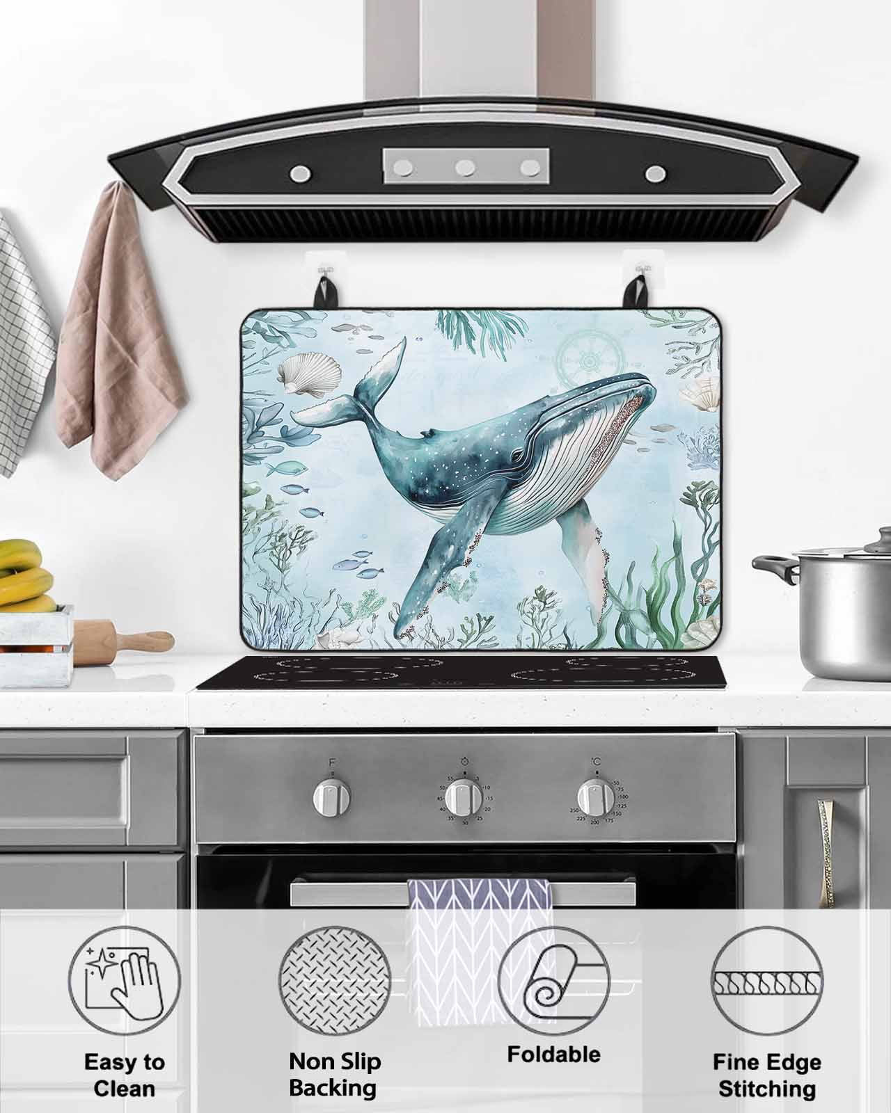 nqOlkjepod Large Induction Cooktop Protector Mat 24"x21", Coastal Whale Stove Top Covers for Electric Stove, Nautical Ocean Shells Seaweed Coral Stove Burner Cover Mats, Glass Top Stove Cover