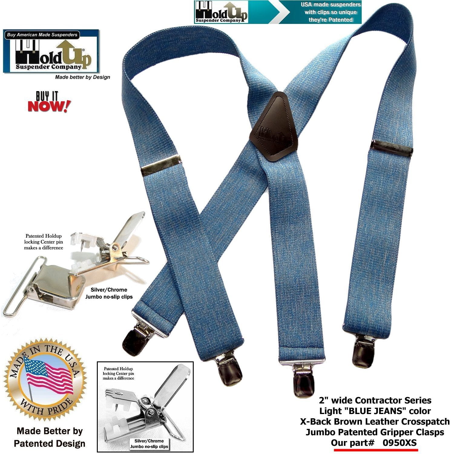 Holdup Suspender Company Inc HoldUp Brand Blue Denim Clipon Wide Work Suspenders with Silver