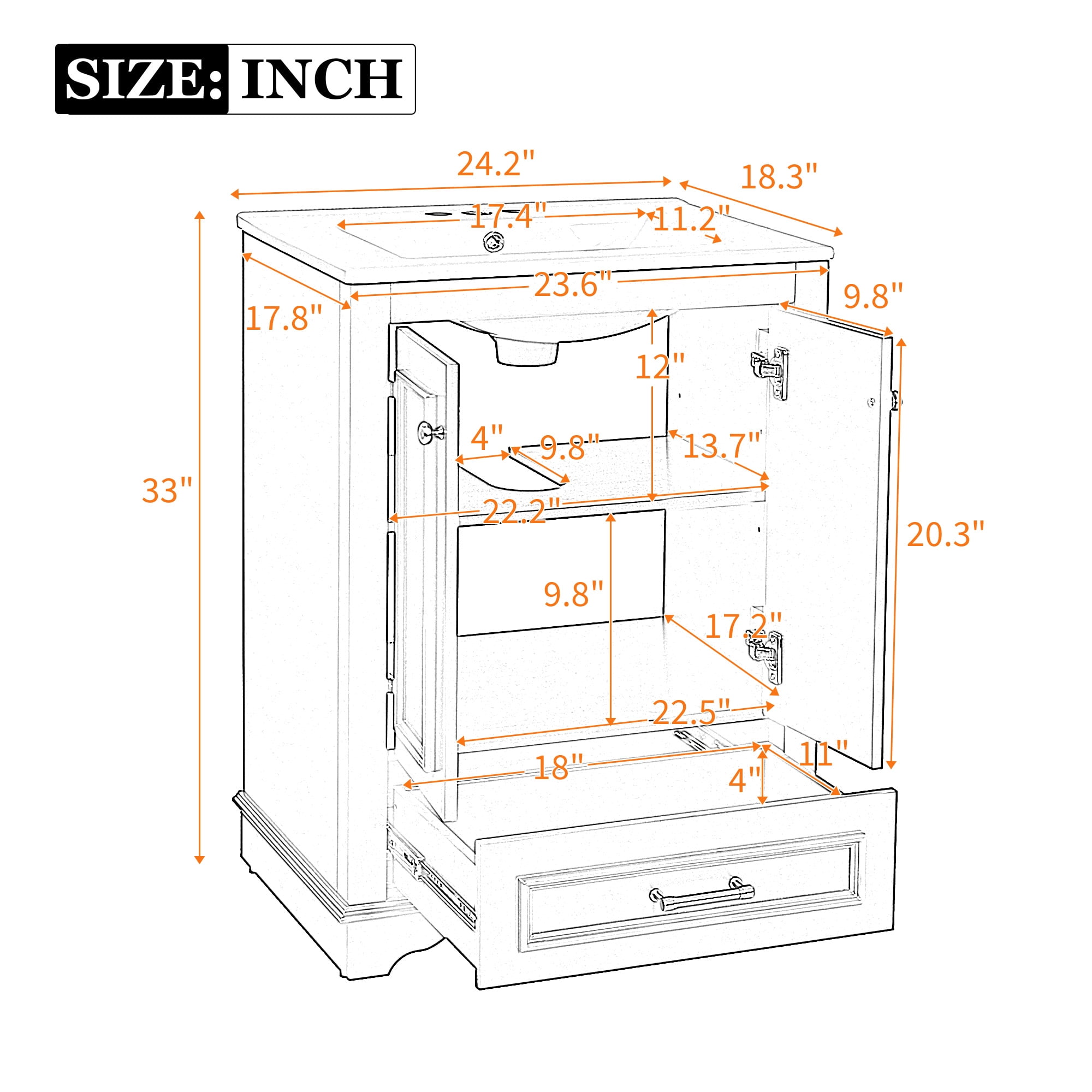 Euroco 24" Bathroom Vanity with Sink, Modern Bathroom Cabinet with Ceramic Basin & Adjustable Storage, Solid Wood Frame Vanity