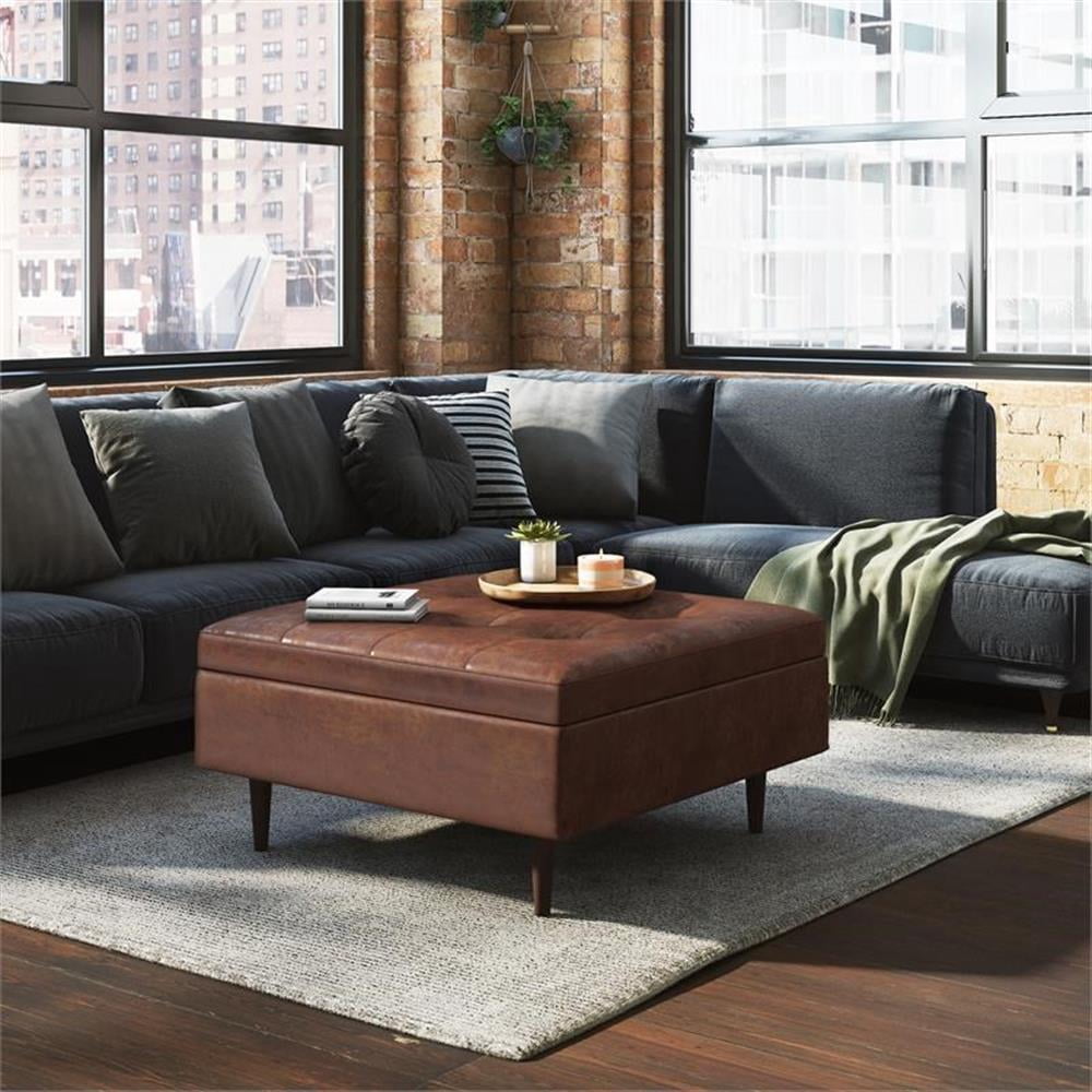 Pemberly Row 38"W Large Coffee Table Ottoman - Saddle Brown Faux Leather