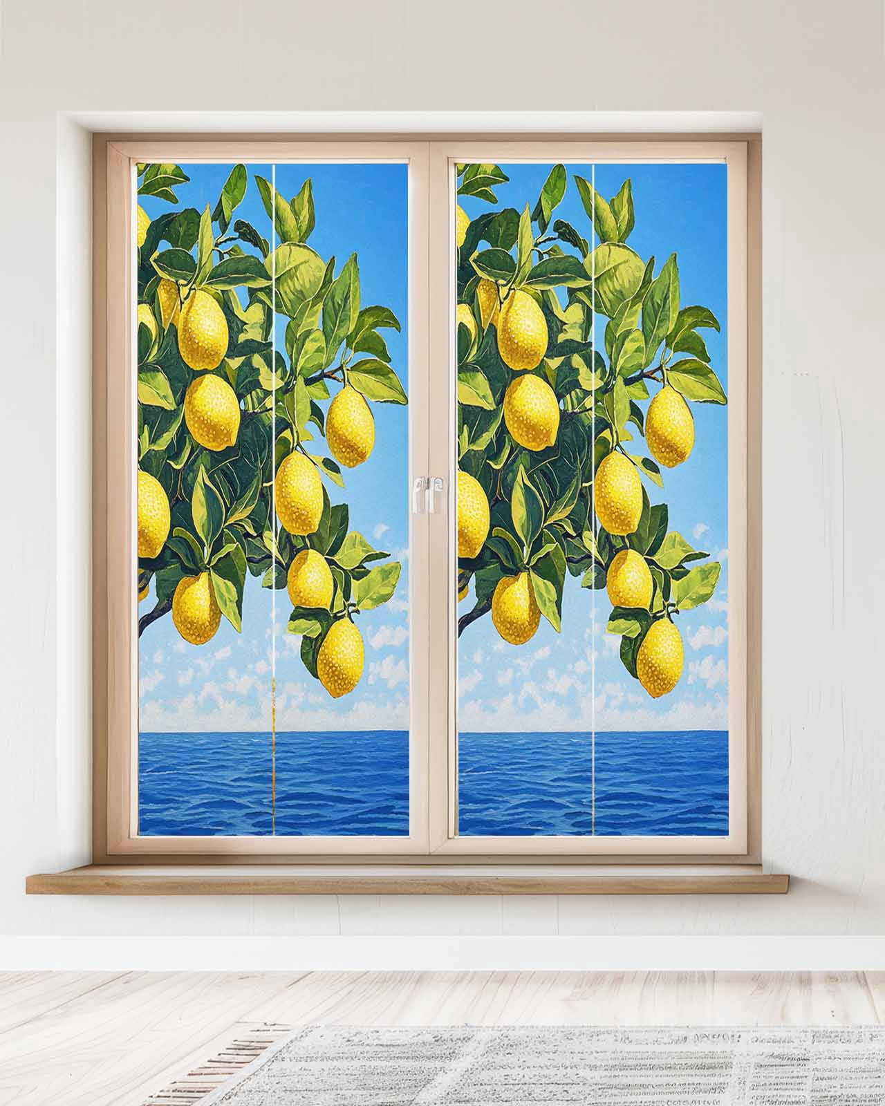 Window Privacy Film Coastal Lemon Stained Glass Window Film Decorative Sun Block Window Cover Summer Ocean Waves Fruit Trees Window Clings Static Adhesive Sticker for Bathroom 23.6"x59"