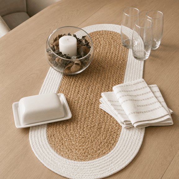 Verona Oval Woven Jute &ton Braided Table Runner Size -13 X 36 Inches Color - With Border
