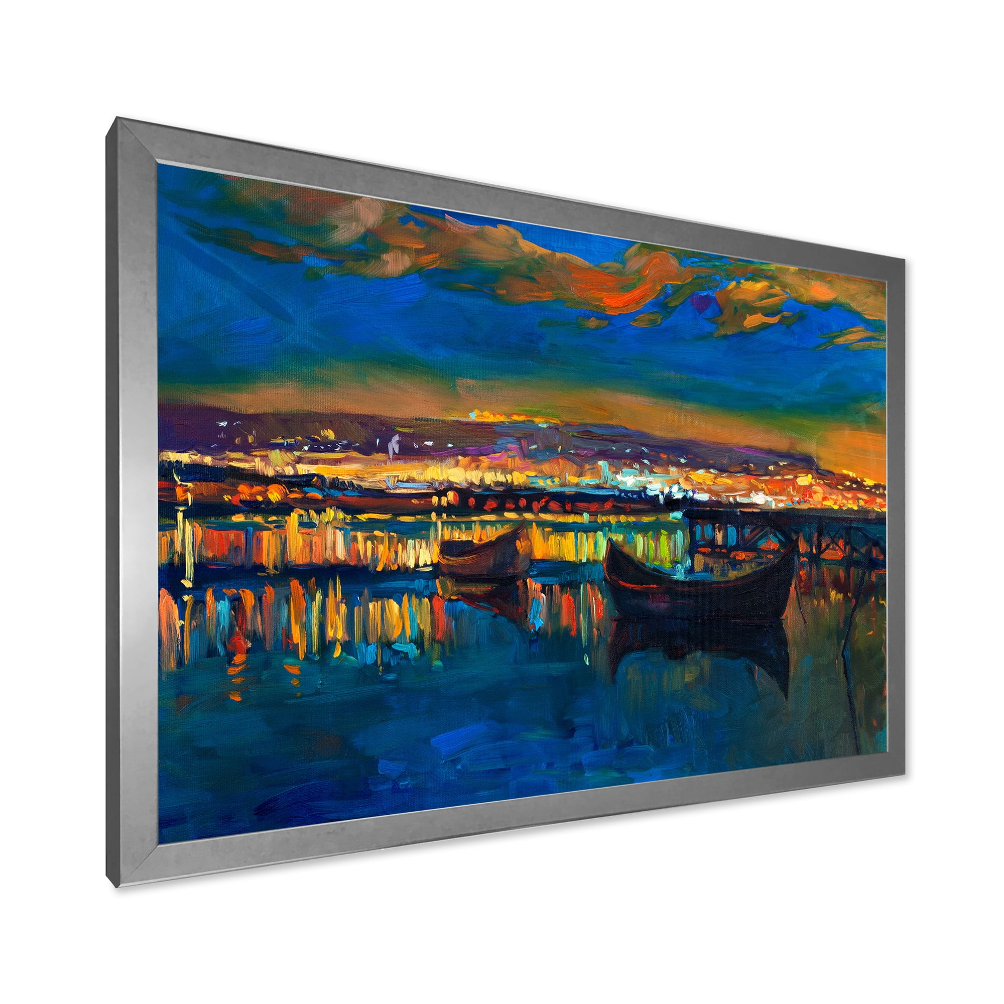Designart 'Two Little Boats In The VIllage Harbor Ar Night' Nautical & Coastal Framed Art Print