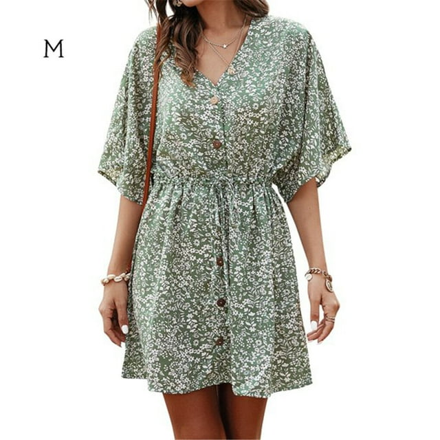 Robe Femme Col en V Vêtements d'Été Imprimé Floral Manches Courtes, Vert, m