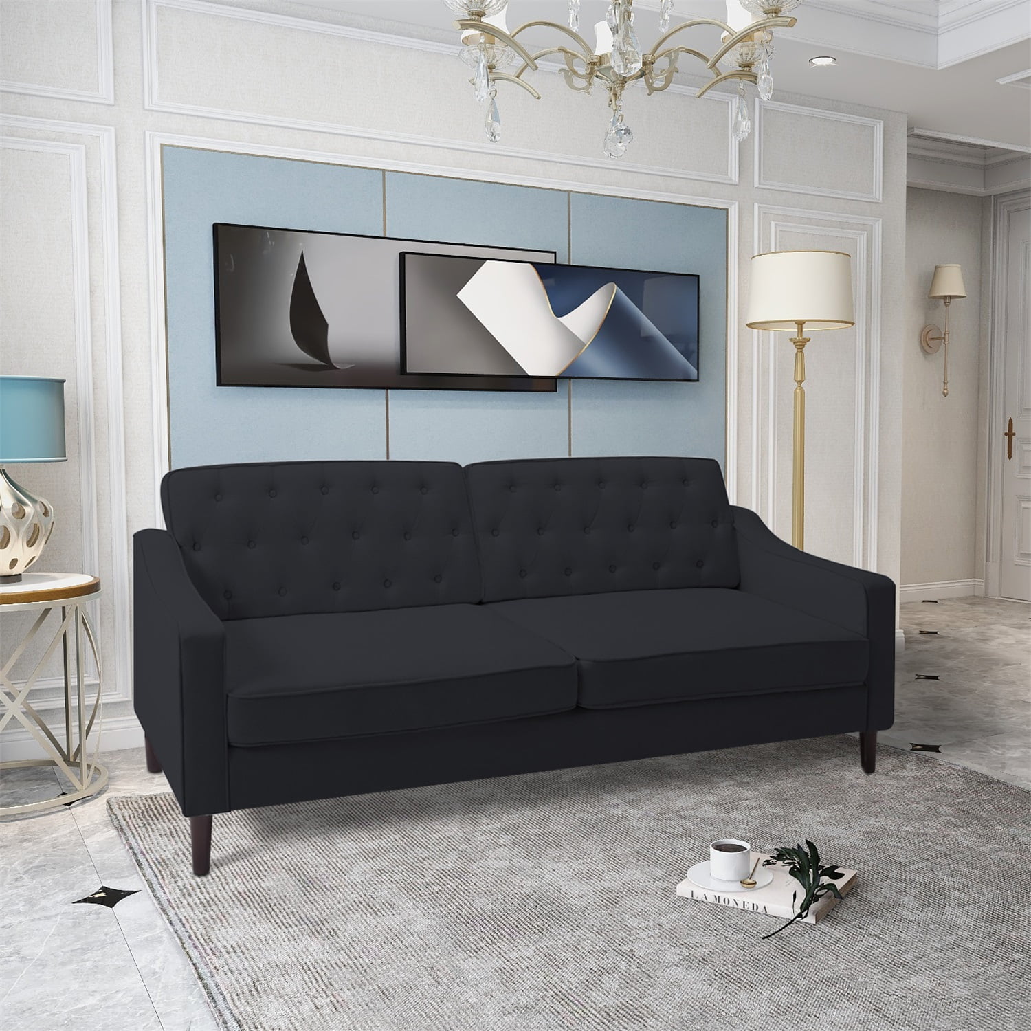 Kadyn 77.2" Fabric Sofa, Upholstered Lounge Couch with Square Arm, Modern Fabric Couch for Living Room, Black Kadyn 77.2" Fabric Sofa, Upholstered Lounge Couch with Square Arm, Modern Fabric Couch for Living Room, Black