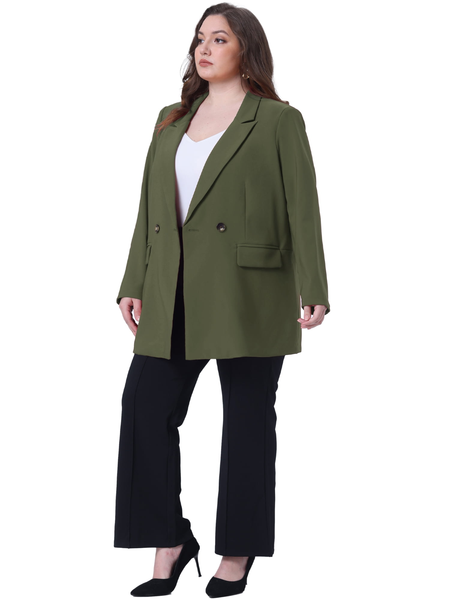 DARING DIVA Women's Plus Lapel Button with Pocket Jackets Long Blazer 1X Army Green