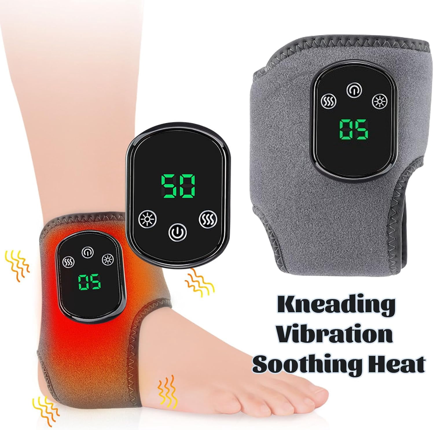 Rejuvenating Foot Triple Massager, a 3-in-1 cordless and portable foot massager with a triple heated ankle bandage, 3 vibration modes, and 5 heat levels to help you relax. Suitable for heels, arches,
