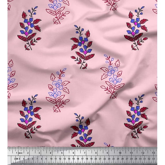 Soimoi Polyester Crepe Fabric Leaves & Floral Block Printed Fabric 1 Yard 52 Inch Wide