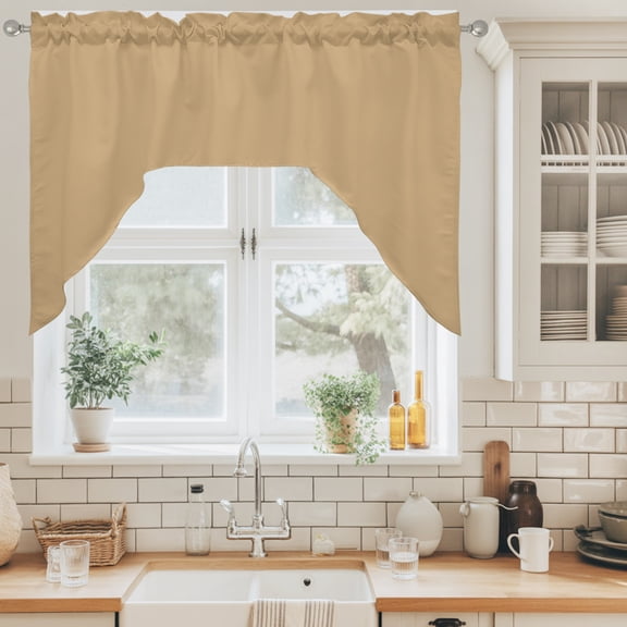 Beige Tan Swag Curtain Valance for Windows, Light Brown Solid Background Autumnal Rustic Farmhouse Swag Curtains Drapes Rod Pocket for Kitchen Bathroom Small Window, 1 Panel 56x36in