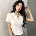 thumbnail image 3 of Camiseta de manga corta con cuello para mujer, blusas con cuello de manga corta informales a la moda de verano para mujer, 3 of 8
