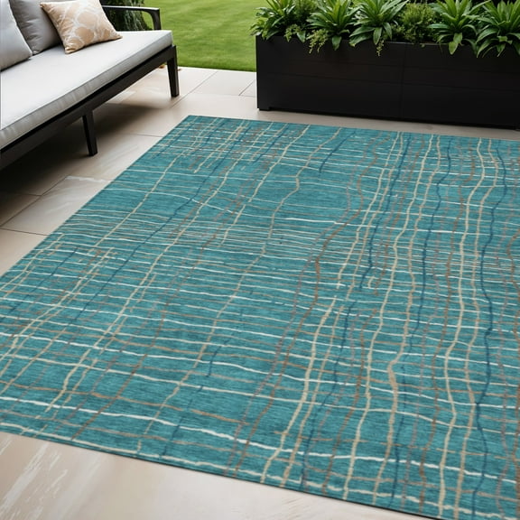 5' X 8' Teal Blue Gray And Brown Striped Washable Indoor Outdoor Area Rug