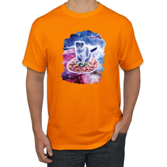 Wild Bobby, Cute Trippy Space Cat Riding Pizza, Animal Lover, Men Graphic Tees, Orange, X-Large